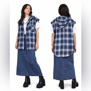 Vintage Stone Plaid Flannel Sleeveless Hoodie Grunge Unisex Gender Neutral Large